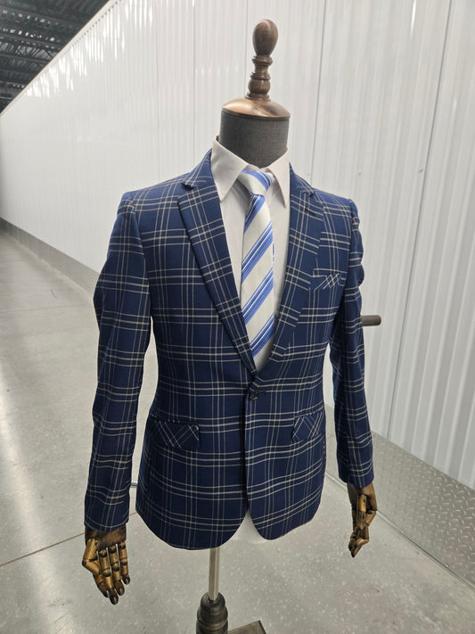 1-Button ,2-Split , Notch Lapel ,Slim Fit Check Navy Blue Blazer