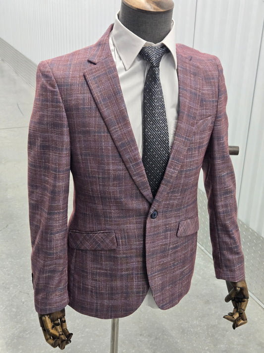 1-Button ,2-Split , Notch Lapel ,Slim Fit Pink Check Blazer