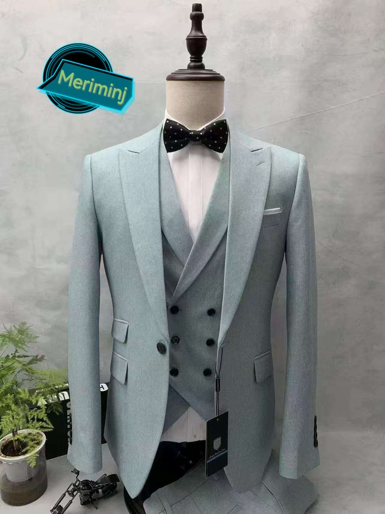 1-Button , 3-Piece Slim Fit PAle Blue Classy Peak Lapel Suit