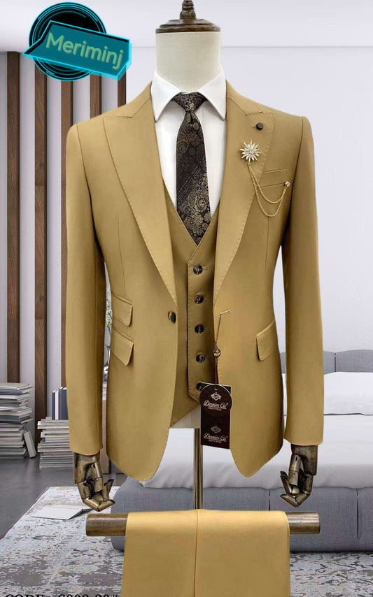 1-Button , 3-Piece Beige Slim Fit Suit With Peak Lapel