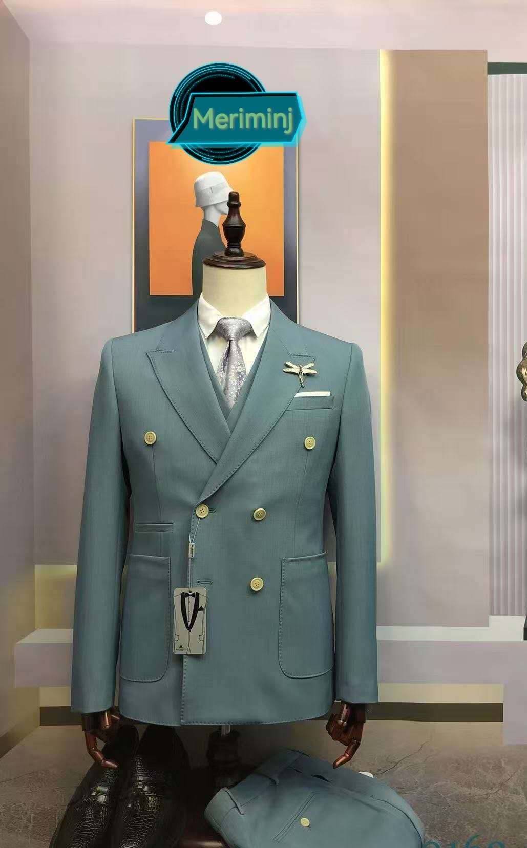 6-Button, 3-Piece Slim Fit Double Breasted Blue Suit With Peak Lapel