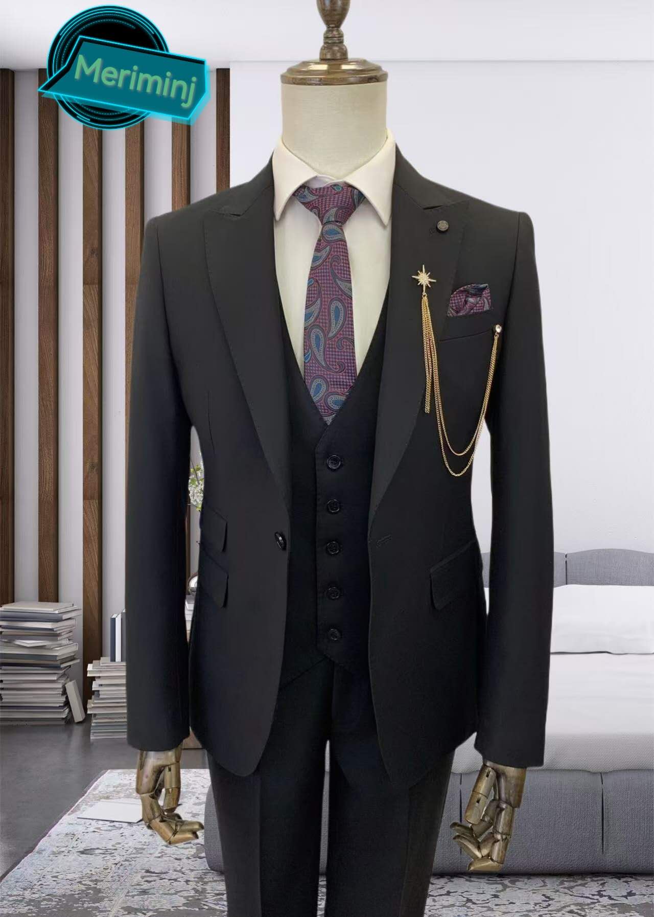 1-Button , 3-Piece Black Slim Fit Suit With Peak Lapel
