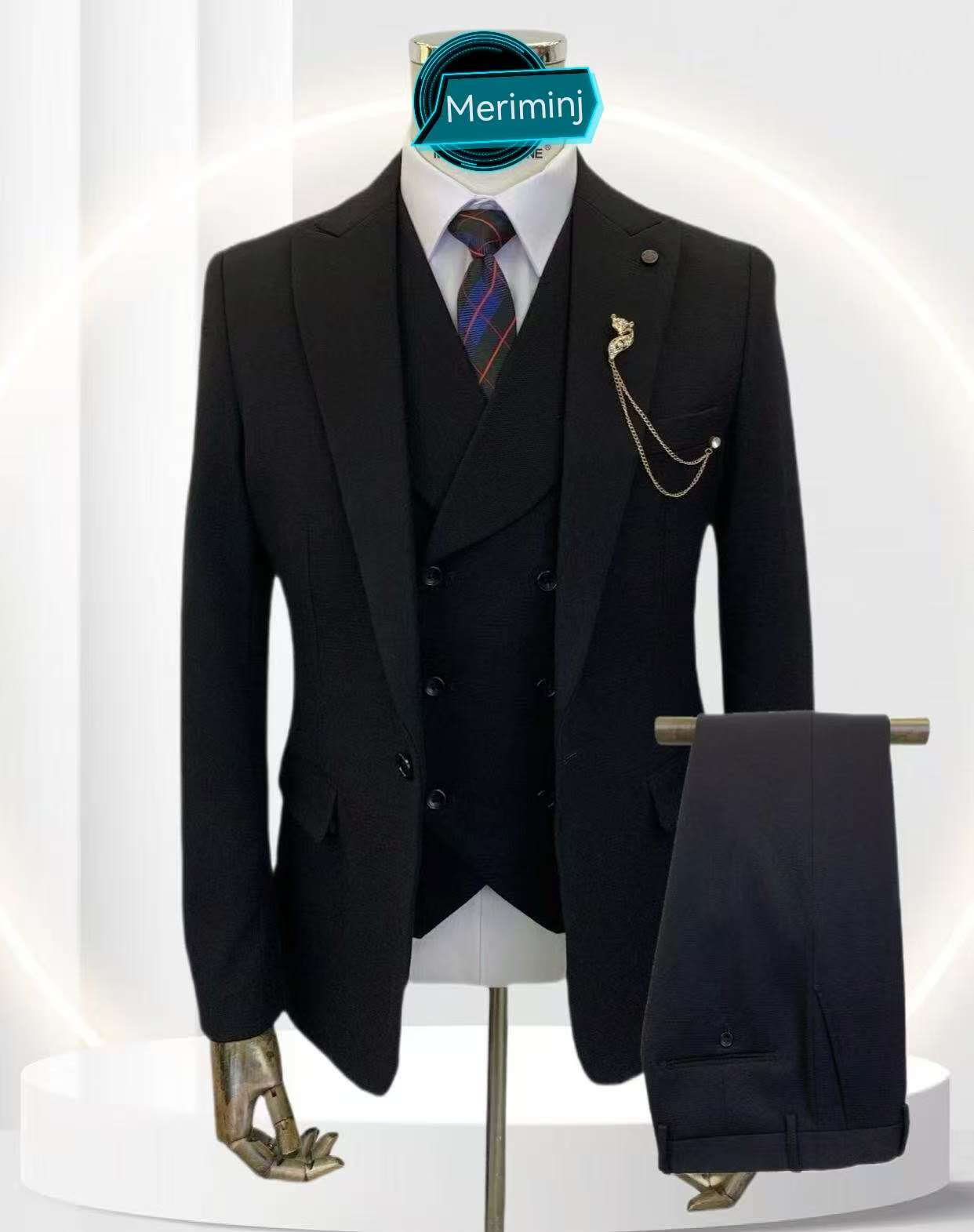 1-Button, 3-Piece , Slim Fit peak Lapel Black Classic Suit With Double Breasted Vest