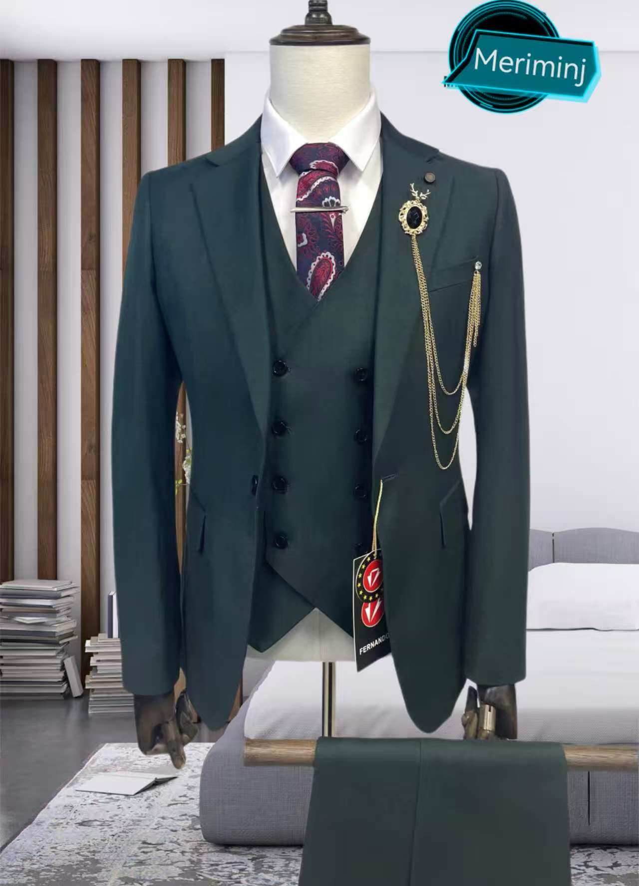 1-Button , 3-Piece , Peak Lapel Deep Green Slim Fit Suit With A Double Breasted Vest