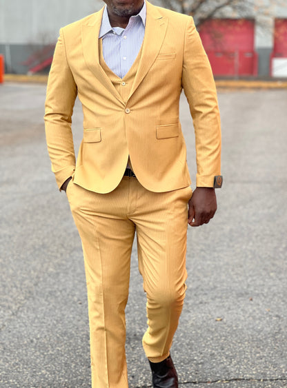 3-Piece, 1-Button Slim Fit Classy Yellow Suit With Pin Stripes