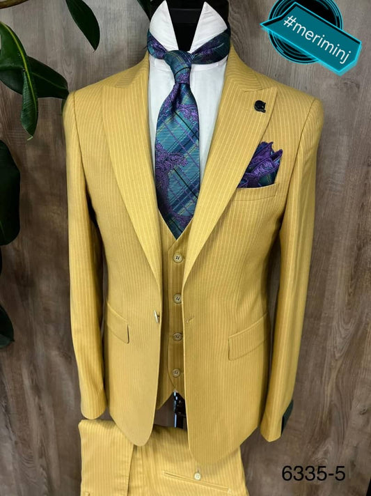 3-Piece, 1-Button Slim Fit Classy Yellow Suit With Pin Stripes