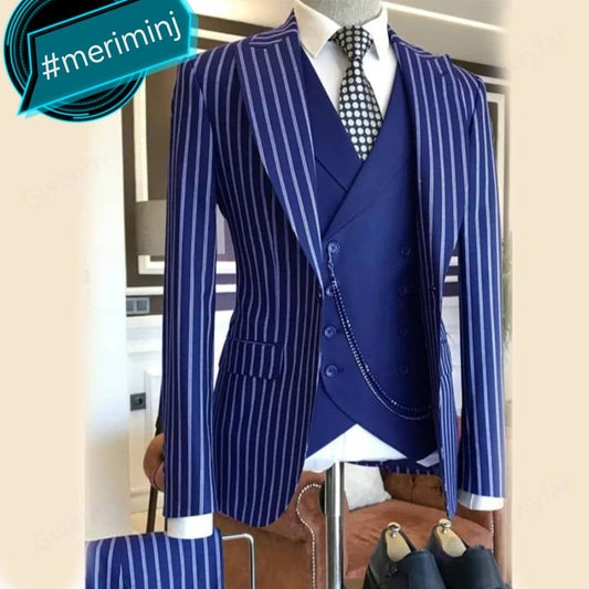 3-Piece ,1-Button , Classic Mix To Match Blue Suit With Big White Stripes