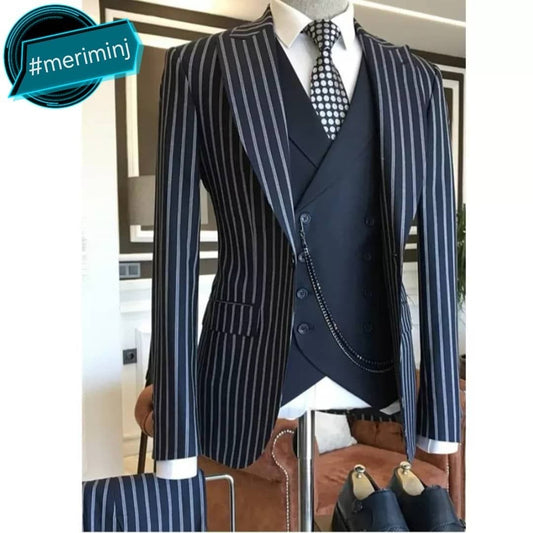 3-Piece ,1-Button , Classic Mix To Match Navy Blue Suit With Big White Stripes