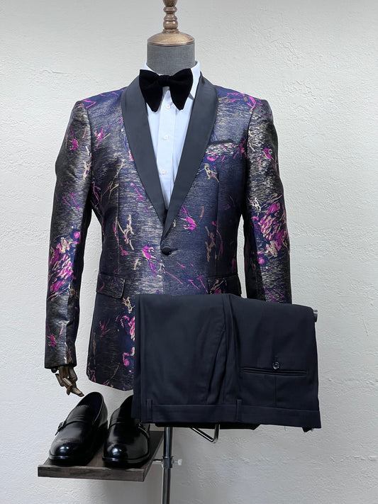 3-Piece , 1-ButtonMix To Match Purple Floral Shawl Lapel Slim Fit Tuxedo