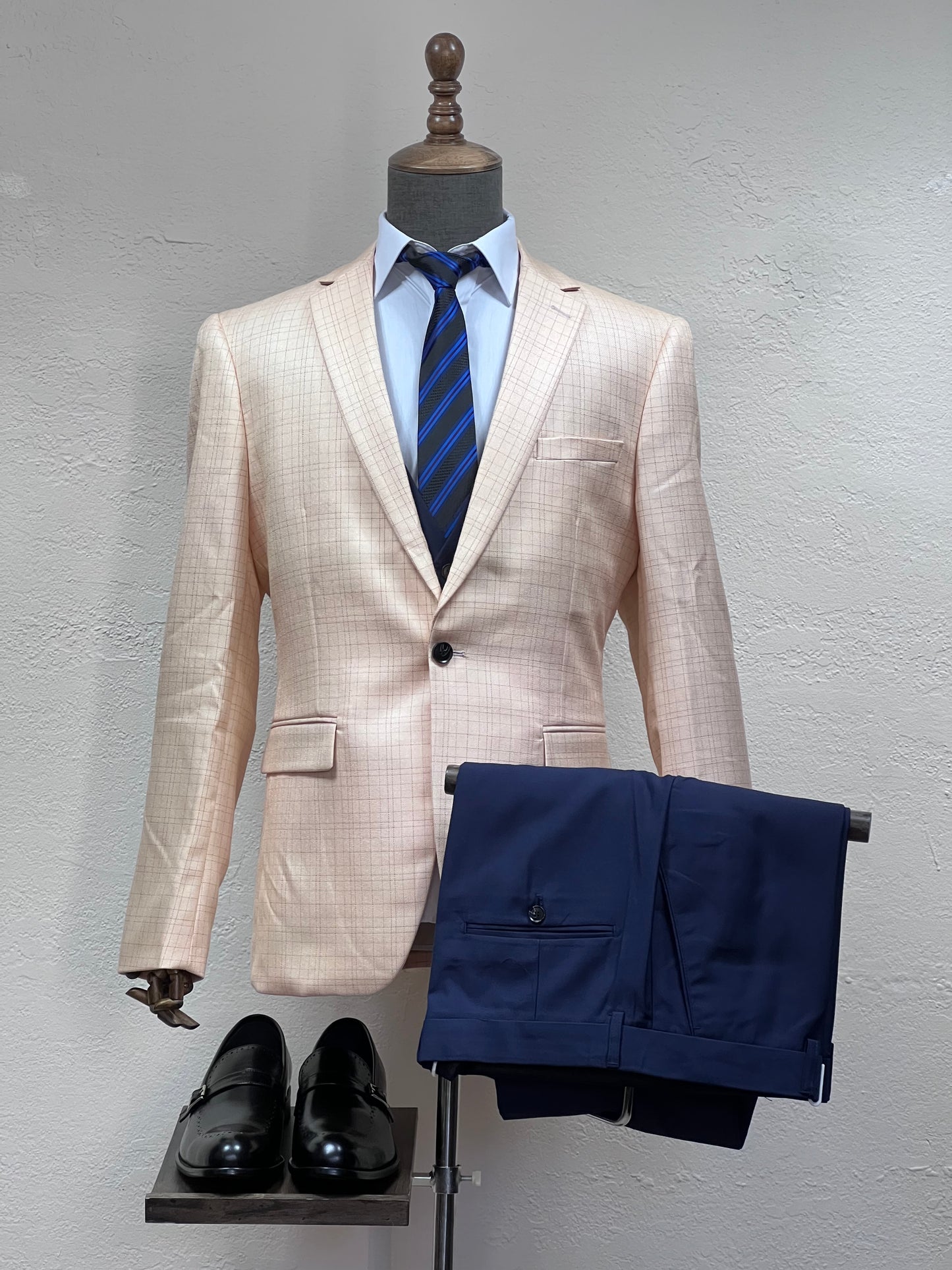 3-Piece , 1-Button Orange Mix To Match Slim Fit Suit With Blue Pants & Vest
