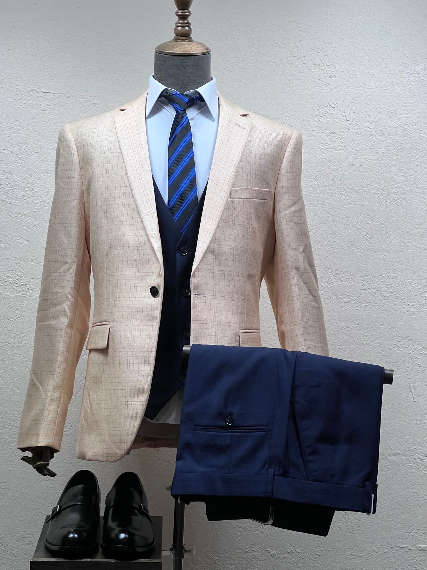 3-Piece , 1-Button Orange Mix To Match Slim Fit Suit With Blue Pants & Vest