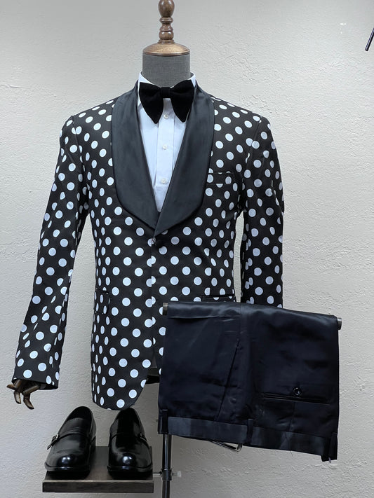 3-Piece 1-Button White Polka Black Slim Fit Shawl Tuxedo Suit