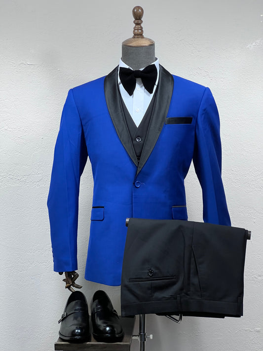 3-Piece ,1-Button ,Slim Fit Blue Mix To Match Tuxedo Suit with Black Shawl Lapel