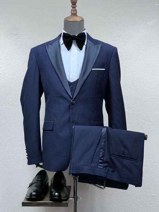 3-Piece ,1-Button ,Slim Fit Navy Blue Tuxedo Suit with Peak Lapel