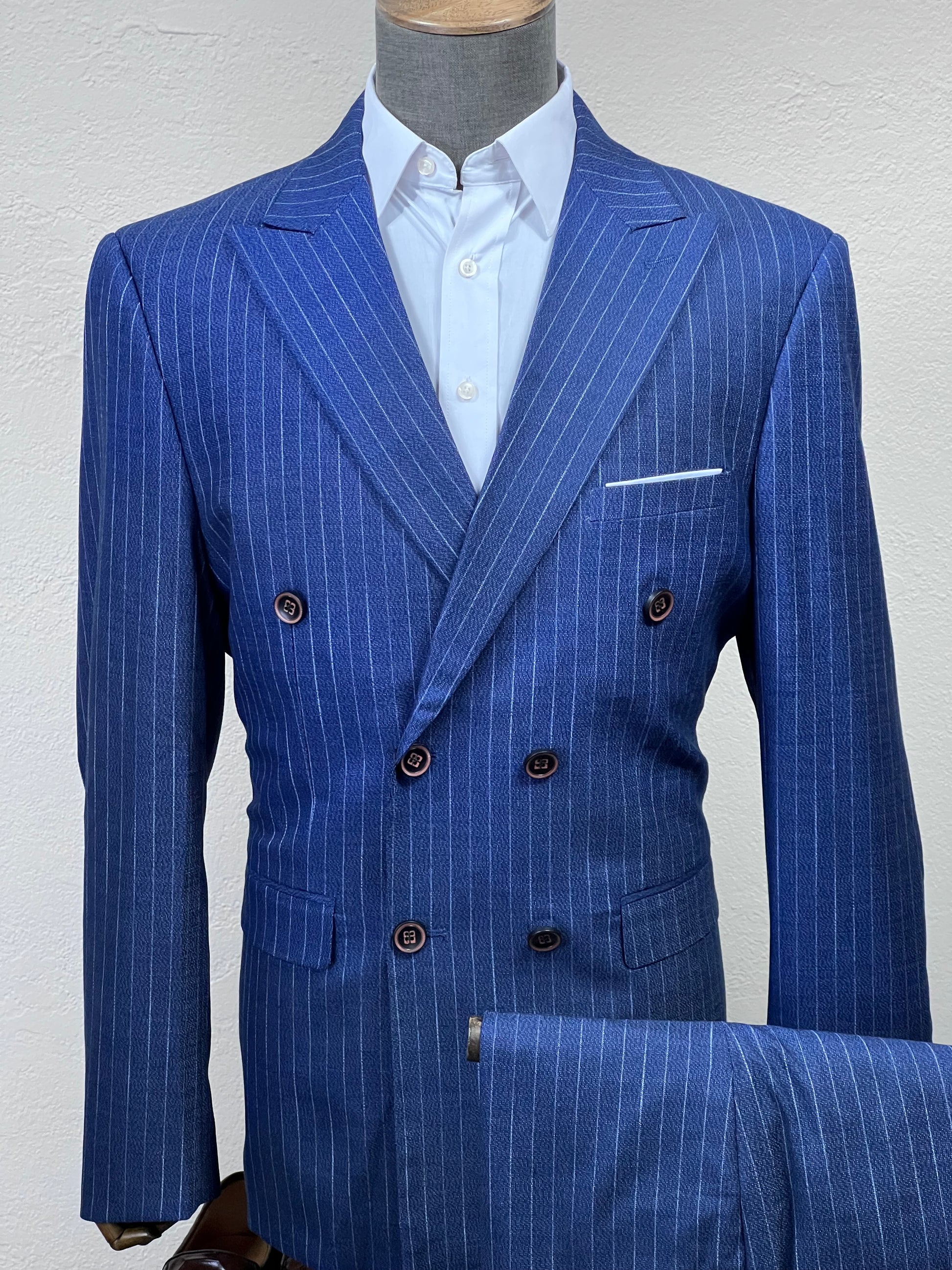 2-Piece , 6-Button , Double Breasted Blue Slim Fit Suits With Pin White Stripes