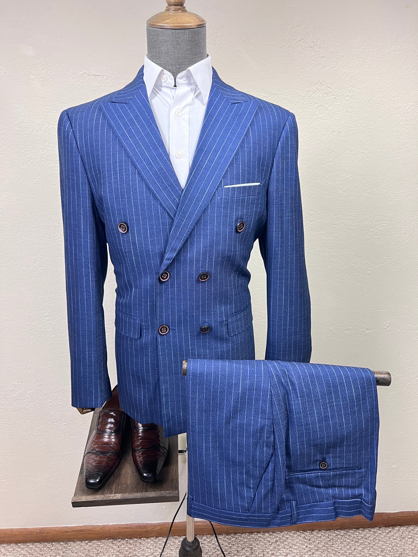 2-Piece , 6-Button , Double Breasted Blue Slim Fit Suits With Pin White Stripes