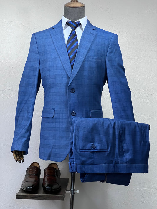 Classic 2-Piece , 2-Button Slim Fit Check Blue Suit