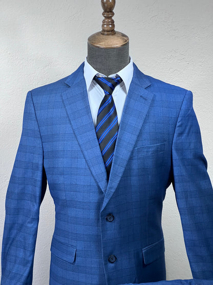 Classic 2-Piece , 2-Button Slim Fit Check Blue Suit