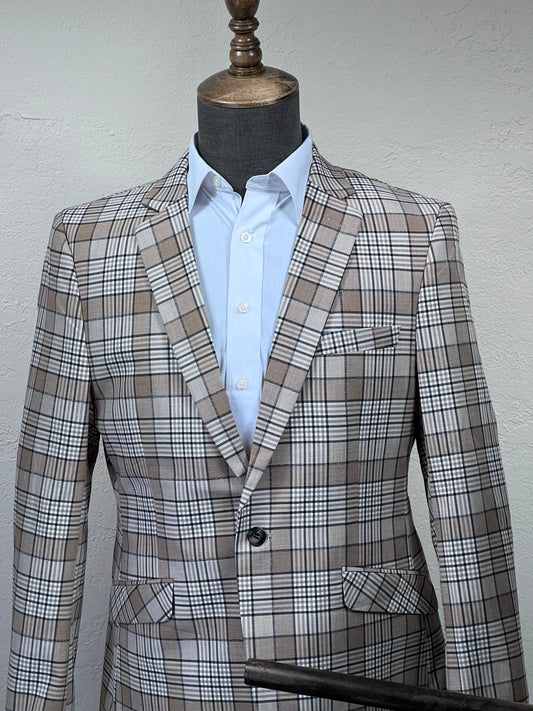 1-Button, Brown Check Slim Fit Blazer , Italian Style Fitting