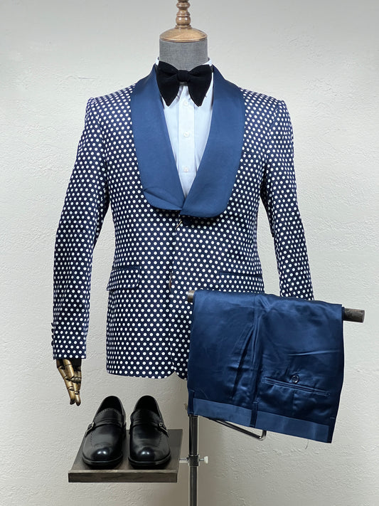 3-PiecesMix to Match White Polka Blue , 1-Button Tuxedo Suit, Available in Size 40