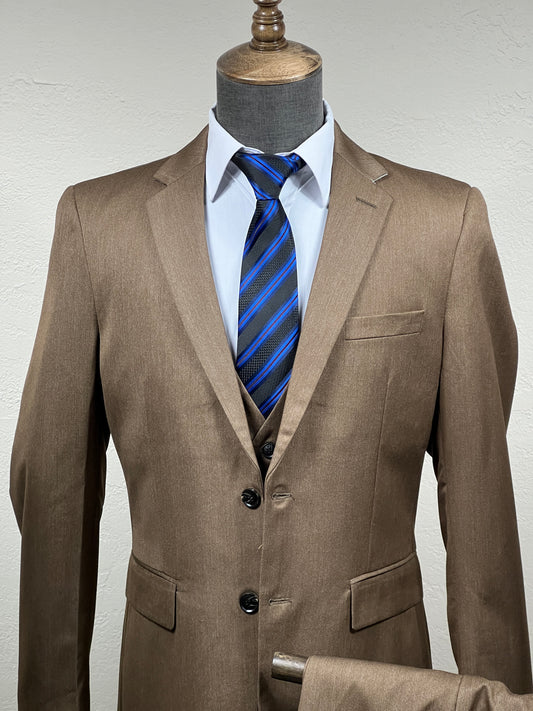 3-Piece , 2-Button, 2-Split Brown Slim Fit Italian Cut Suit