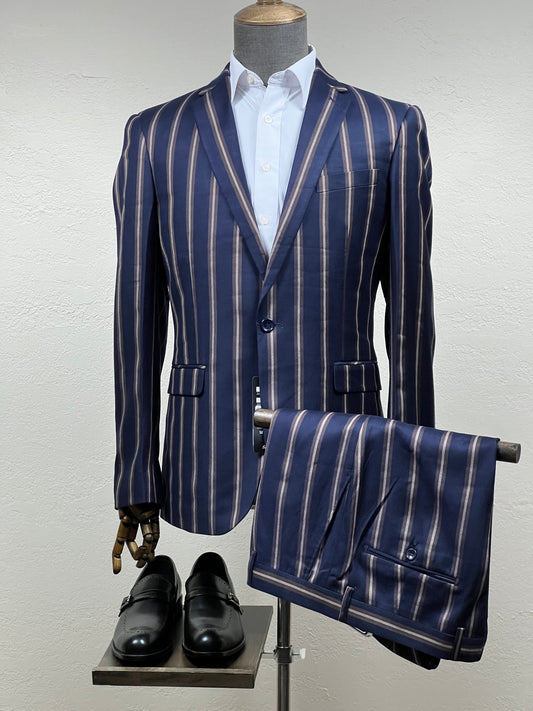 2-Piece , 1-Button, Navy Blue Big Stripe Slim Fit Italian Cut Suit