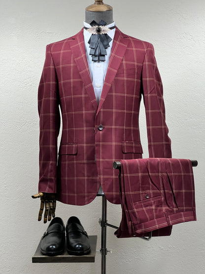 2-Piece , 1-Button Maron Check Stripes Slim Fit Elegant Suit