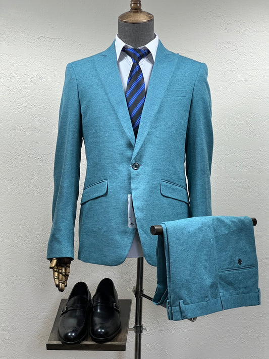 3-Piece Bluish Green 1-Button Slim Fit Suit In Size 38