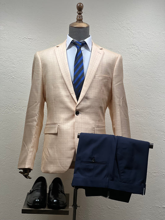 1-Button , 3-Piece Yellow Mix To Match Suit With Navy Blue Blue Vest And Pants