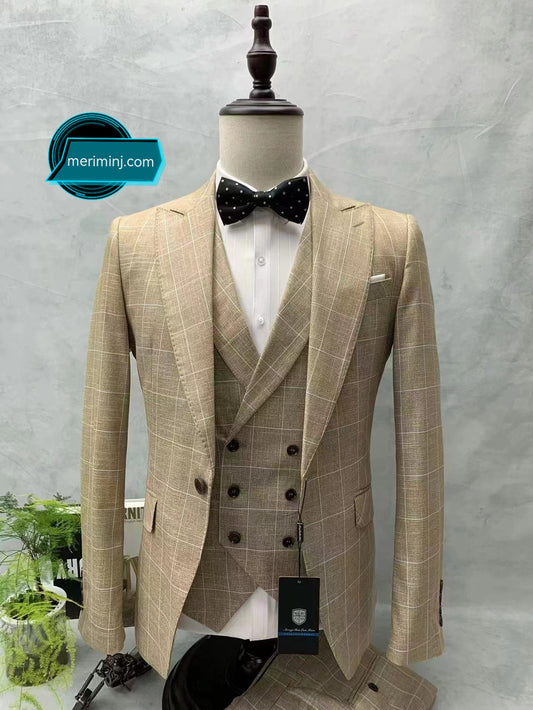 1-Button , 3-Piece Peak Lapel Light Brown Check Suit
