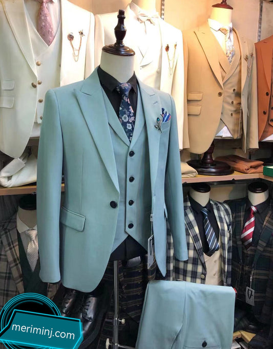 Classic 1-Button , 3-Piece Peak Lapel Blue Suit