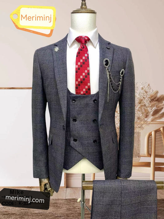 1-Button , 3-Piece Gray Check Slim Fit Classic Suit With A Notch Lapel