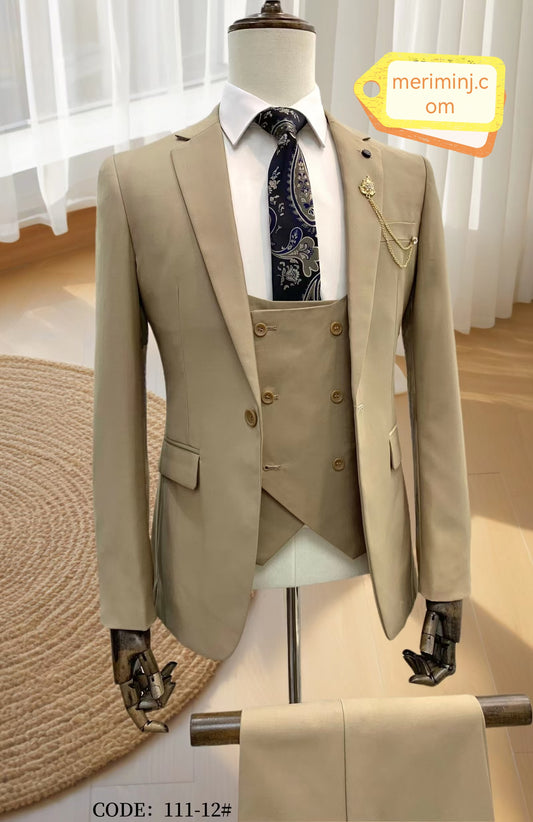 3-Piece , 1-Button , Notch Lapel Slim Fit Beige Classic Suit