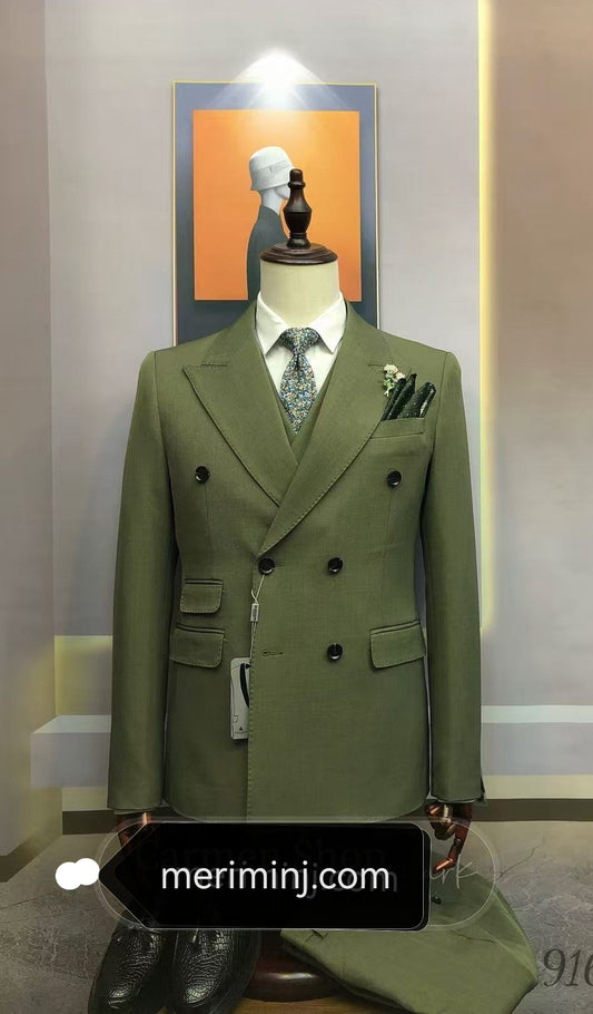 6-Button , Petrol Green , 3-Piece Large Peak Lapel Slim Fit Suit