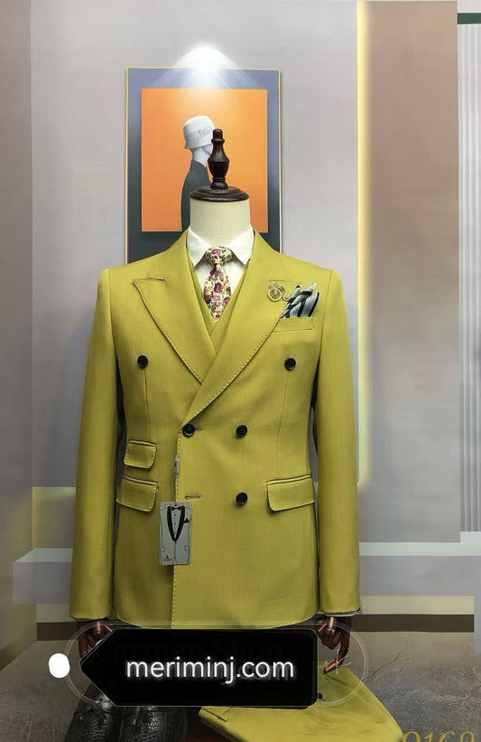 3-Piece Classic  6-Button/Double Breasted Slim Fit Suit Yellow Suit
