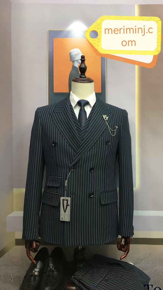6-Button, 3-Piece Pin Stripe Black Classic Suit With Peak Lapel