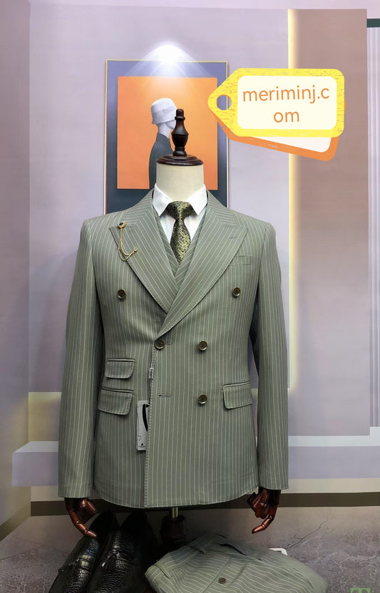 6-Button, 3-Piece Gray Suit With Pin White Stripe and Large Peak Lapel