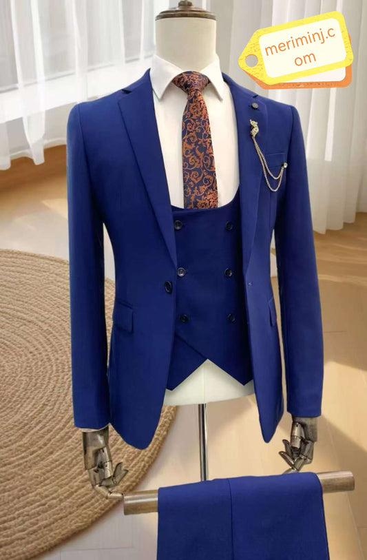 3-Piece ,1-Button Slim Fit Blue , Notch Lapel Suit