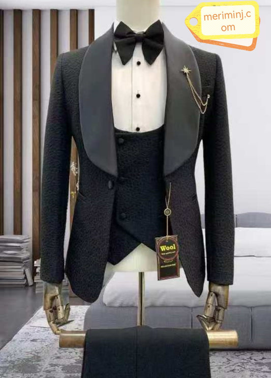 3-piece , 1-button Slim Fit Black Classic Tuxedo With Shawl Lapel