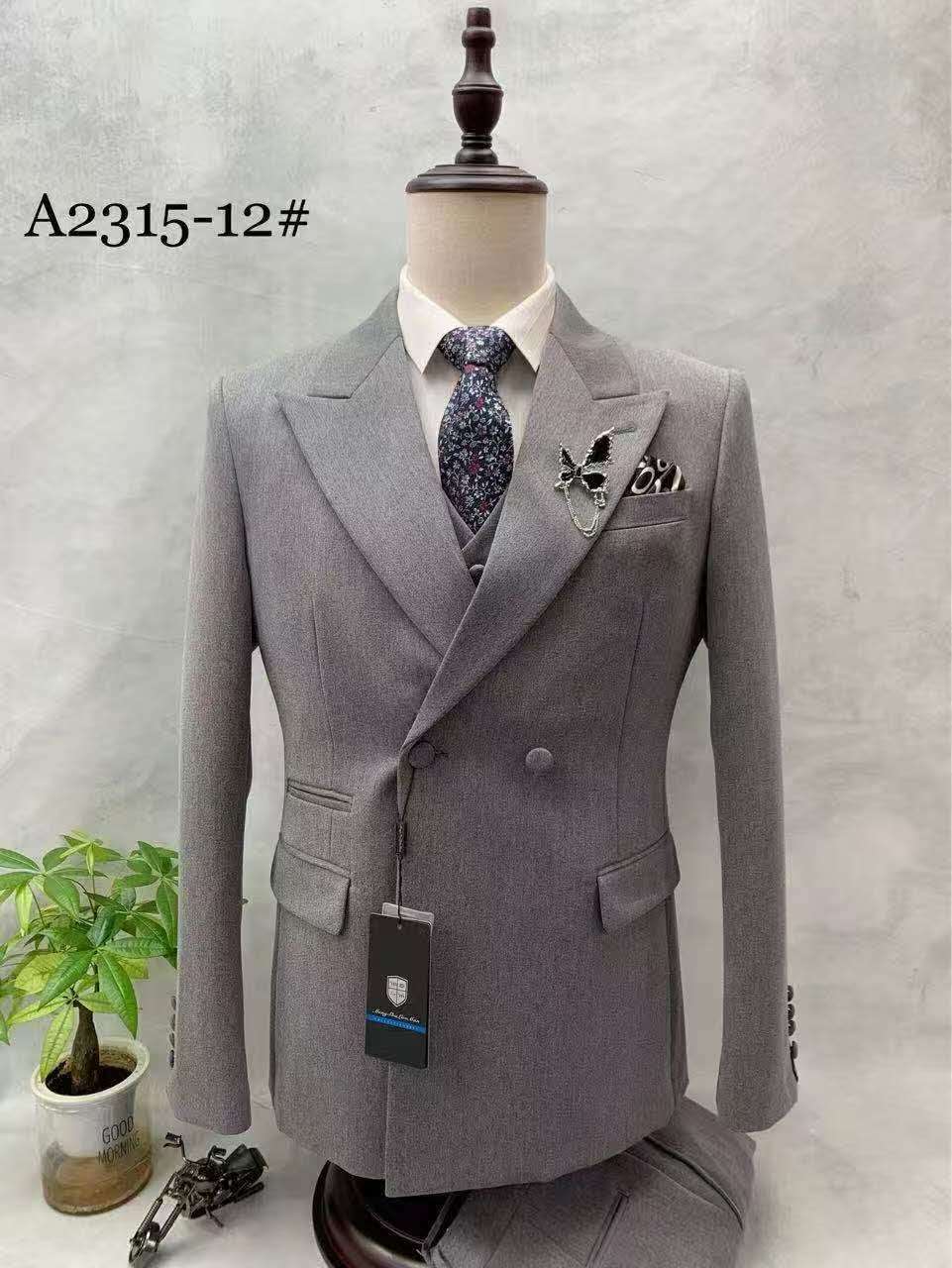 2-Button, 3-Piece Gray Slim Fit , Double Breasted Peak Lapel Suit