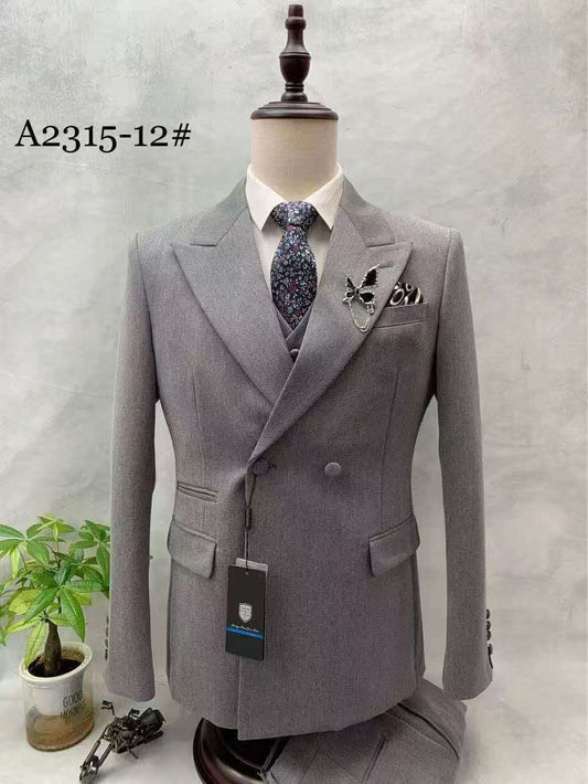 2-Button, 3-Piece Gray Slim Fit , Double Breasted Peak Lapel Suit