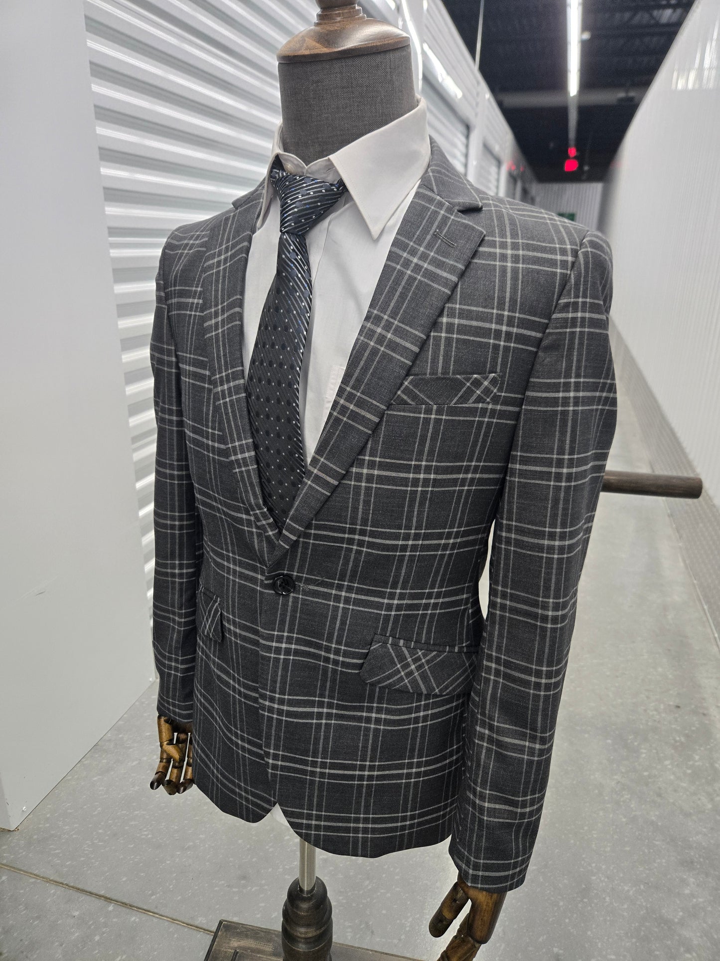 1-Button ,2-Split , Notch Lapel ,Slim Fit Check Ash Blazer