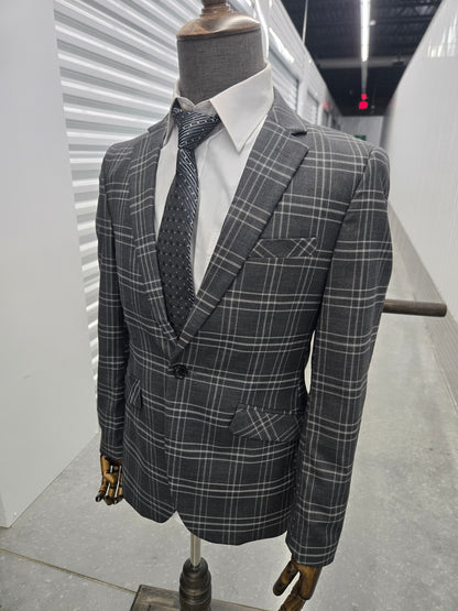 1-Button ,2-Split , Notch Lapel ,Slim Fit Check Ash Blazer
