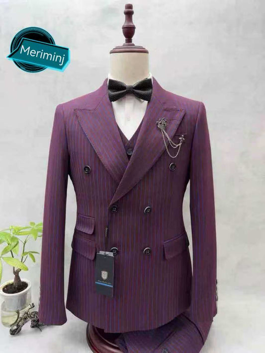 Men's Deep Burgundy Double-Breasted Peak Lapel Suit , Bold Pinstripe 3-Piece, 6-Button Slim Fit Suit