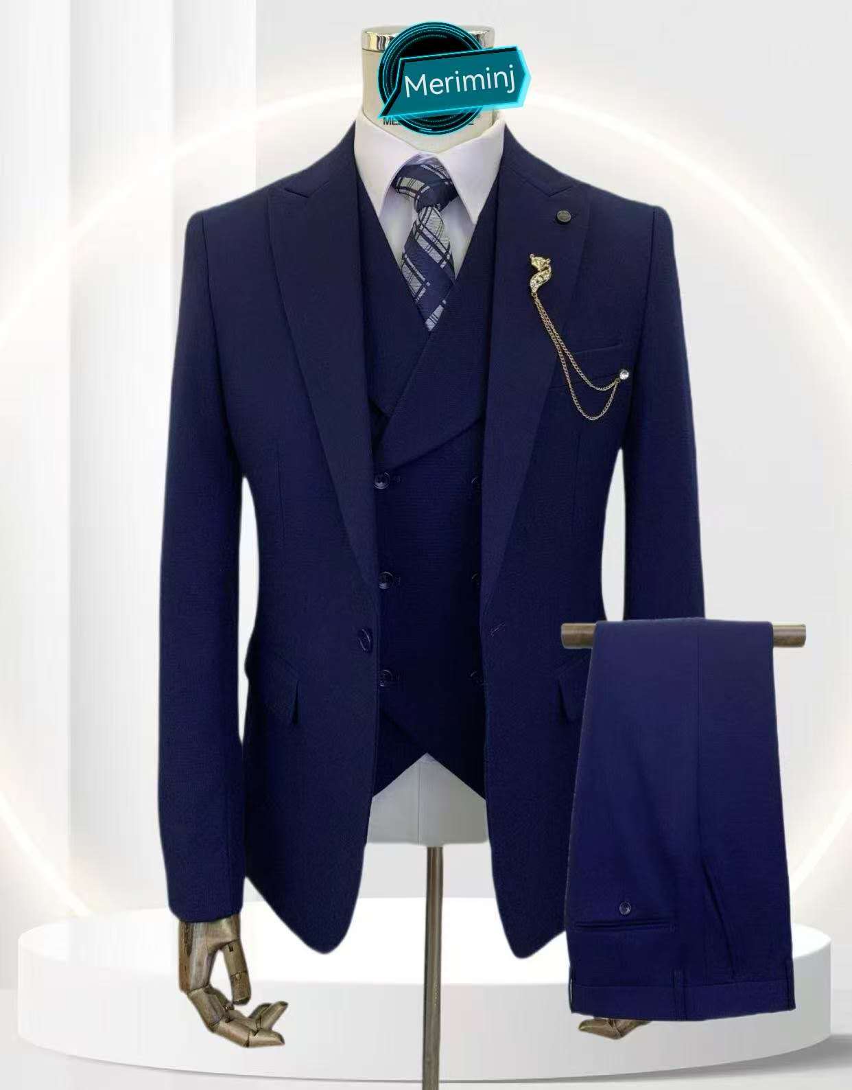1-Button , 3-Piece , Slim Fit Royal Blue Suit With Peak Lapel & A Double Breasted Vest