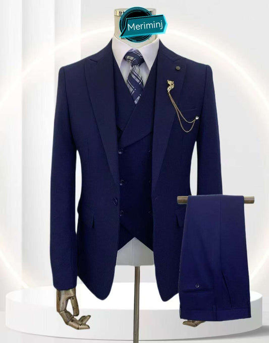 1-Button , 3-Piece , Slim Fit Royal Blue Suit With Peak Lapel & A Double Breasted Vest