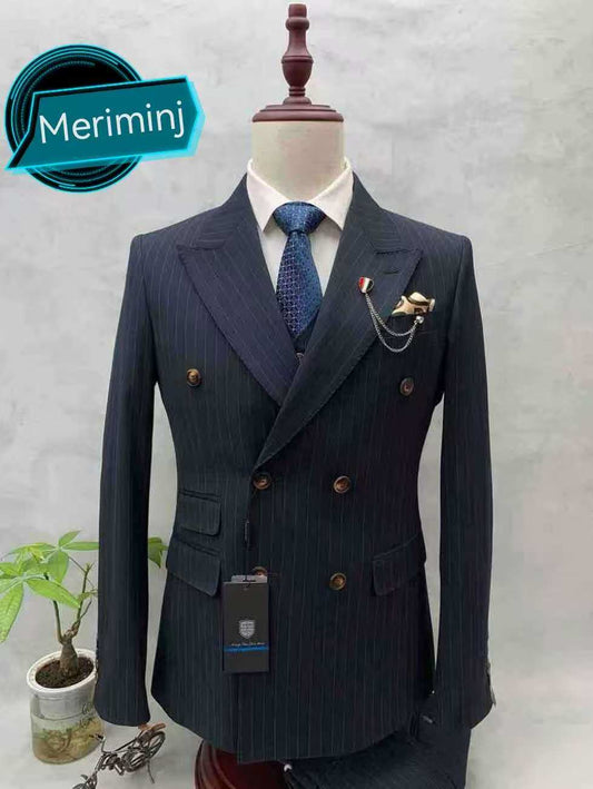 6-Button, Classic Double Breasted Black Suit With Pin Stripes & Peak Lapel