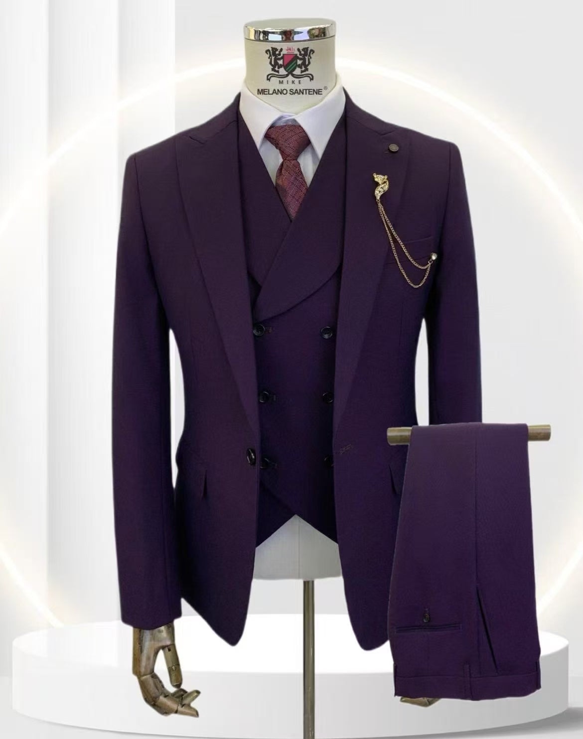 Deep Purple Premium 3-Piece, 1-Button Peak Lapel Slim Fit , Wedding & Formal Wear Suit