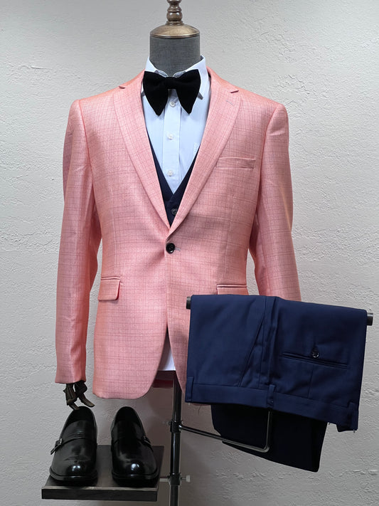 3-Piece , 1-Button Pink Mix To Match Slim Fit Suit With Blue Pants & Vest