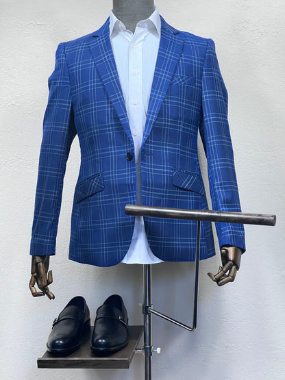 1-Button ,2-Split , Notch Lapel ,Slim Fit Check Blue Blazer